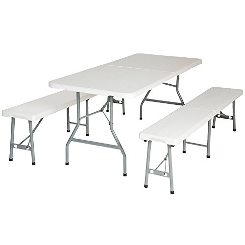 Cilvani Set tavolo da campeggio con 2 panche pieghevole in metallo e PVC  bianco adatto per giardino - E.D. Shop